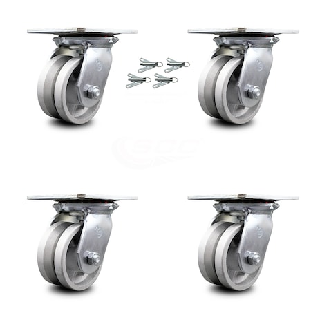 Service Caster 4 Inch V Groove Semi Steel Caster Set with Roller Bearings and Swivel Locks SCC SCC-35S420-VGR-BSL-4